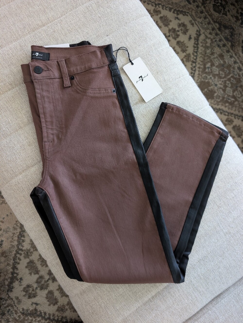 NWT 7 For All Mankind Coated High Waist Cropped Straight two-tone jeans